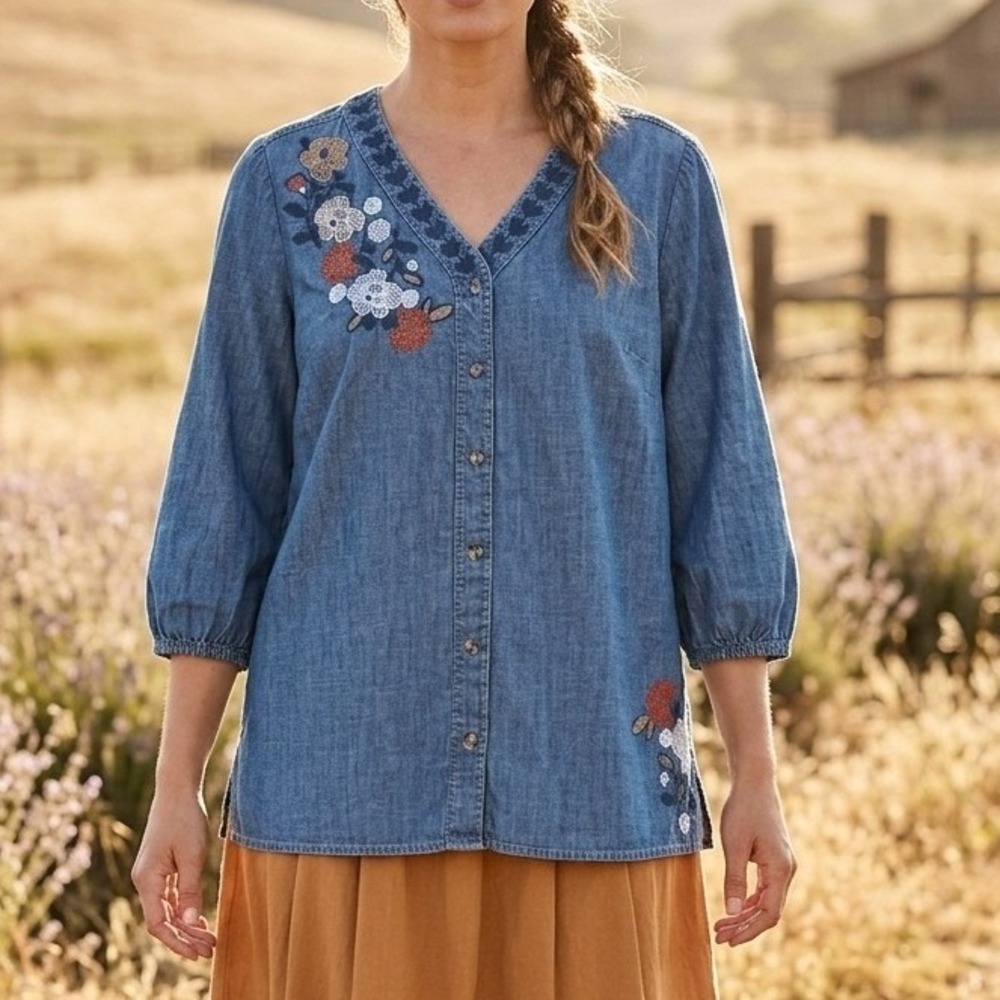 Embroidered Chambray Boho Floral Peasant Blouse Chicos‎ Size 3